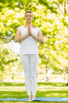 Peaceful blonde doing yoga in the park on a sunny day