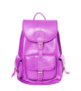 Violet leather backpack standing isolated on white background