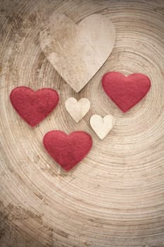 valentine's wooden hearts on a retro background , valentine's day, day valentine postcard with space for text