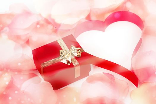 rose petals, heart and valentine present box background with space for text