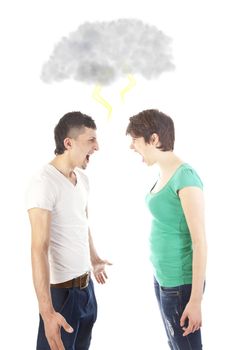 Young couple fighting with dark cloud and thunder isolated on white background