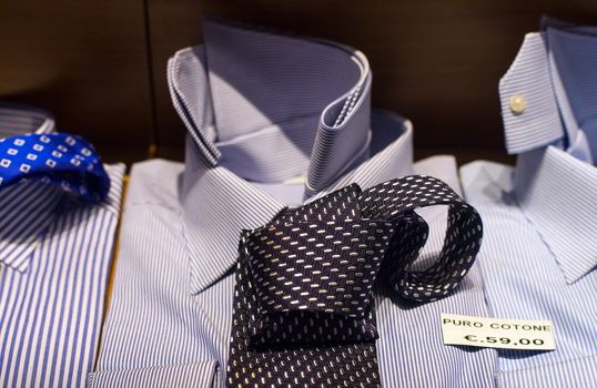 Close up of male shirts exposed in the clothes shop