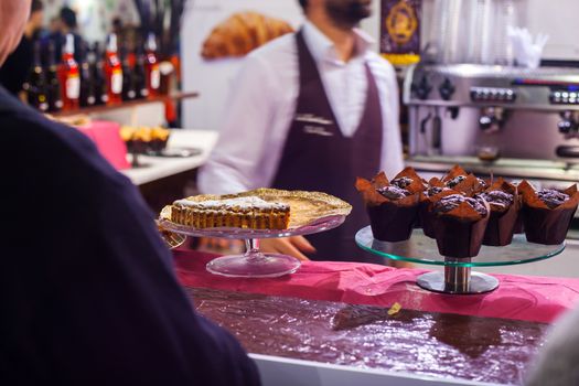 View of delicious pastry in the counter bar