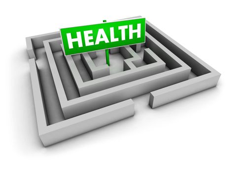 Health and medical concept with labyrinth and green sign on white background.