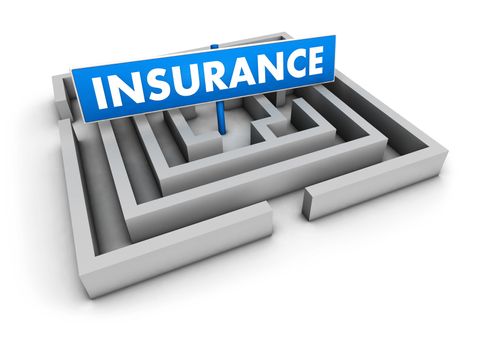 Insurance business concept with labyrinth and blue goal sign on white background.