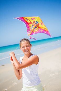 Beach cute girl kite flying outdoor coast ocean