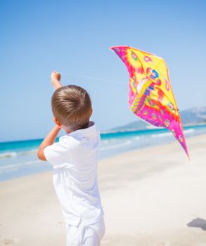 Summer vacation - Cute boy flying kite beach outdoor.