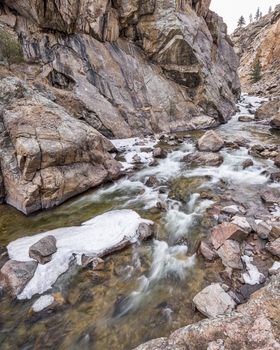 Cache la Poudre River at Big Narrows west of  Fort Collins in northern Colorado - winter scenery with some ice. 4x5 format stitched from 3 pictures,