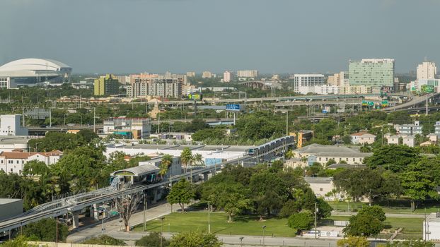 Aerial view of the downtown area of Miami, Florida, showing the colorful skyscrapers and densely packed buildings