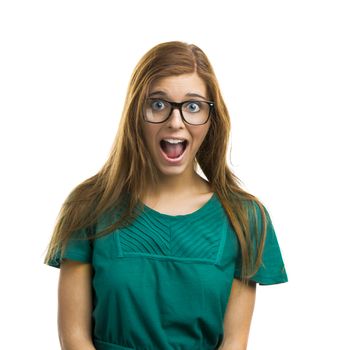 Portrait of a beautiful girl with a surprised expression isolated on white background