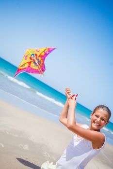 Beach cute girl kite flying outdoor coast ocean