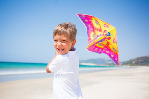 Summer vacation - Cute boy flying kite beach outdoor.