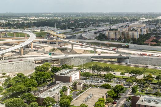 Arial view of the Intricate multi-level highway system near Miami International Airport