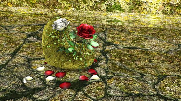 Heart shaped rock with Red and White Roses over a background made of rocks