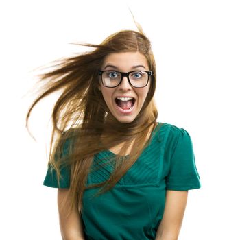 Portrait of a beautiful girl with a surprised expression isolated on white background