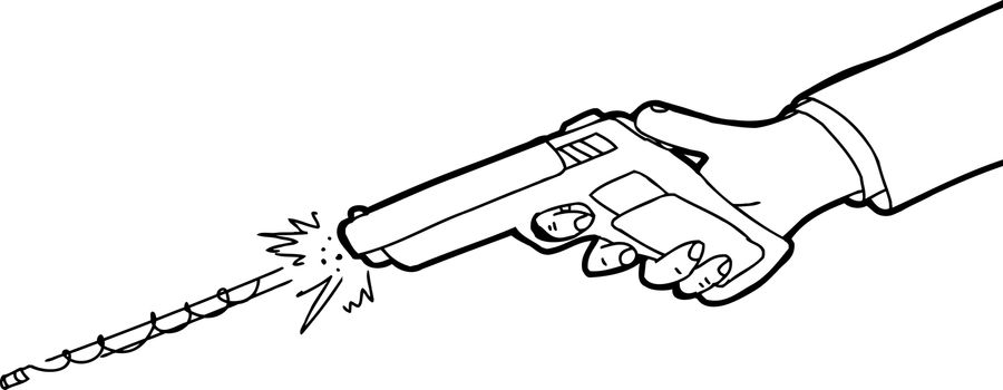 Outlined cartoon of hand firing pistol over white background