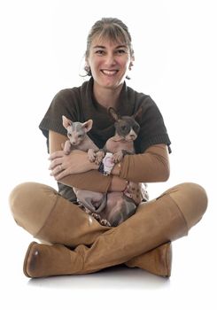Sphynx Hairless Cat and woman in front of white background