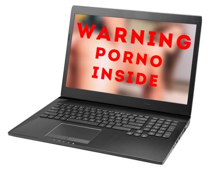 laptop computer painted with hazard warning on screen