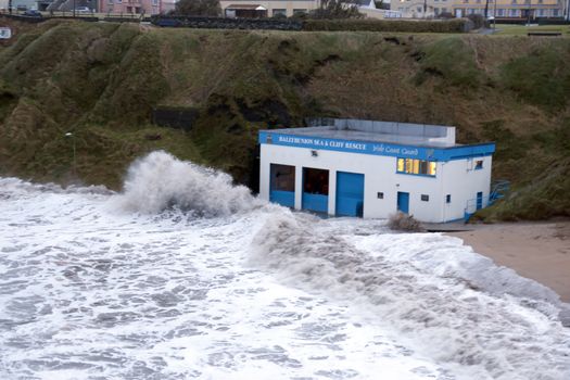 Ballybunion sea and cliff rescue centre during a very bad storm with crashing waves