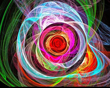Fractal image on a black background are rendered bright multicolored vortex line.