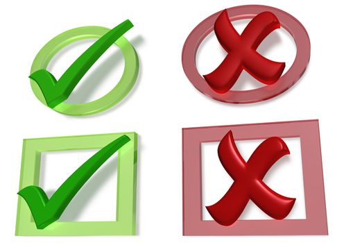 Glossy green Check mark and Cross mark on white background