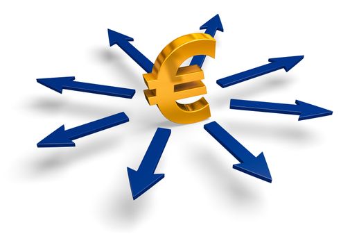 A bright, gold dollar Euro stands in the center of a circle of blue arrows radiating outward representing either flight from Euro or expansion of the currency.  Isolated on white.