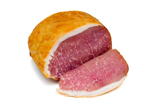 A large piece of delicious ham on a white background.