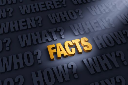 A spotlight illuminates a bright, gold "FACTS" on a dark background filled with "WHO?", "WHAT?", "WHEN?", "WHERE", "HOW?", and "WHY?" 
