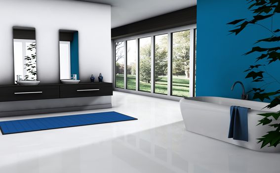 Contemporary bathroom with modern design and furniture, colored in blue and white with park view, 3d rendering.