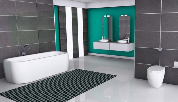 Home interior of a modern bathroom with contemporary design, windows, white floor and granite tiles, 3d rendering.