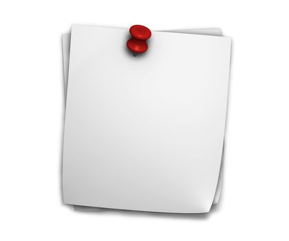 Blank white post-it for notes with red drawing pin and shadow isolated on white background.