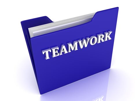 TEAMWORK bright white letters on a blue folder on a white background