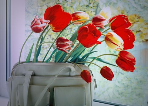 
Bright red flowers of tulips and light leather women bag on a window window sill.