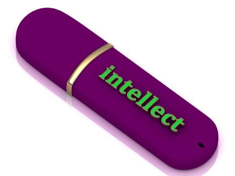 intellect - inscription bright volume letter on blue USB flash drive on white background