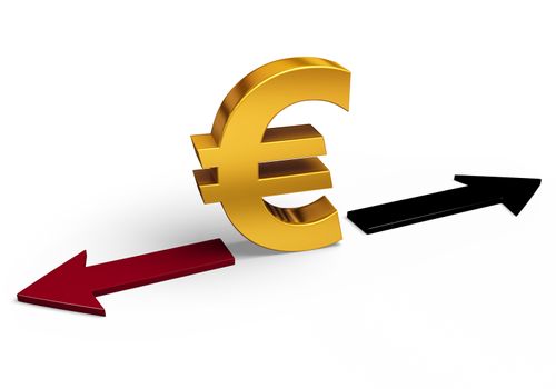 A bright, gold Euro sign stands between a red arrow pointing back towards losses and a black arrow pointing forward towards gains.  Isolated on white.
