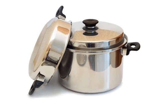 A large stainless steel pot with lid and convenient carry handles. Presented on a white background.