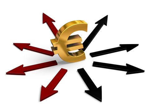 A bright, gold Euro sign stands in center of black and red arrows pointing in different directions.  Red arrows point to losses, black arrows to gains.  Isolated on white.