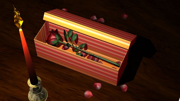 Red Rose in gift box with candle and flower petals on a wooden table