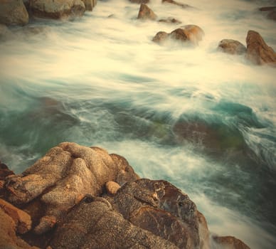 surf and coastal rocks, long exposure. instagram image style