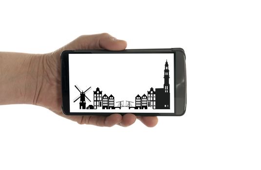 female hand with mobile phone isolated on white with amsterdami skyline