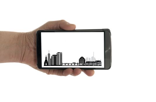 female hand with mobile phone isolated on white with Basel skyline