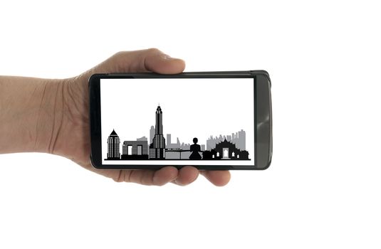 female hand with mobile phone isolated on white with Bangkok skyline