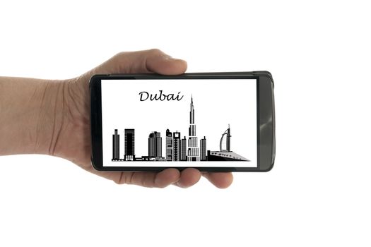 female hand with mobile phone isolated on white with dubai skyline