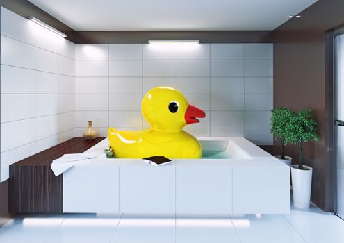 the big rubber duck relaxing in the bathroom. 3d creative concept