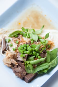 Thailand noodles food. With vegetables and meat with spicy ingredients.