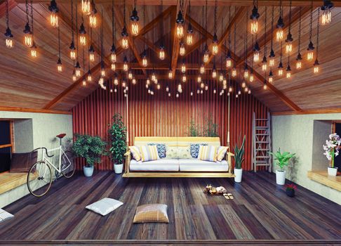 hanging sofa in the attic interior, decorated  with vintage lamps. 3D design concept