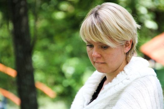 Khimki, Moscow region, Russia - July 21, 2012. The leader of the movement to defend Khimki forest policies Evgeniya ChirikovaThe gathering of the Khimki forest defenders and residents in the grove near the source of St. George. The meeting devoted to the threat of cutting down oak