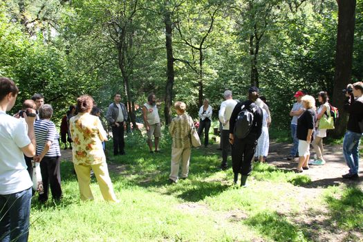 Khimki, Moscow region, Russia - July 21, 2012. The gathering of the Khimki forest defenders and residents in the grove near the source of St. George. The meeting devoted to the threat of cutting down oak