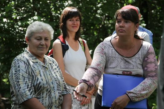 Khimki, Moscow region, Russia - July 21, 2012. The gathering of the Khimki forest defenders and residents in the grove near the source of St. George. The meeting devoted to the threat of cutting down oak