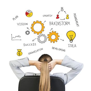 Businesswoman sitting on office chair with hands clasped behind her head, looking at drawing expressing concept of achieving success in business, , on white background